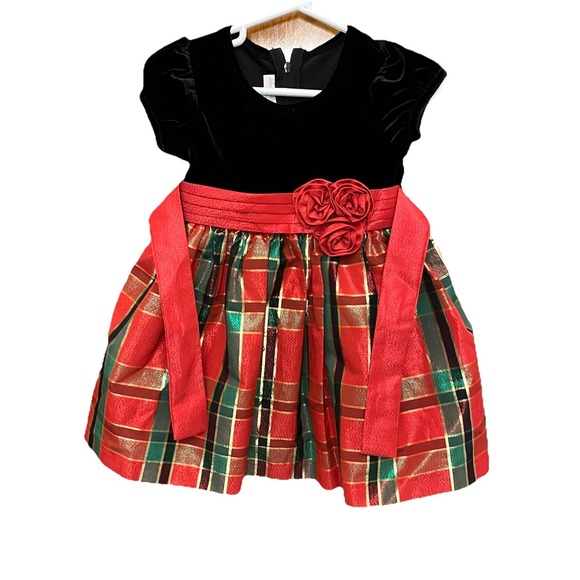 Bonnie Baby Other - Bonnie Baby Girls Christmas Dress Size 18 M Puff Slv Blk Velvet Top Red Plaid